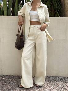 Bộ đồ nữ dáng rộng thoải mái, phong cách nghỉ dưỡng, áo tay ngắn và quần jeans ống đứng dài, thích hợp cho mùa xuân/hè. - trắng - Xem 3