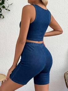 SHEIN Maternity Round Neck Cropped Tank Top And Letter Print Denim Shorts 2 Pieces Set Summer Carnival Costume Commuting Vacation Graduation Chic Y2k Cute Streetwear Coquette Party Wedding Elegant Business Casual Woman Business Beach Graduation Casual Women Denim Blue Biker Shorts And Crop Top Set Perfect For Active Wear - Blue - View 2