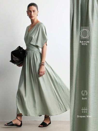 Aalyst 女士夏季优雅V领荷叶边腰身A字连衣裙，蝙蝠袖设计，适合外出、复活节、母亲节、中东婚礼、职场、浪漫假期等场合，灰绿色