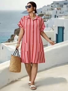 Plus Size Woven Casual Resort Summer Women's Dress - Pink - View 5