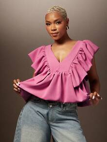 Solid Woven V Neck Ruffle Petal Sleeve Peplum Hem Top - Dusty Pink - View 3