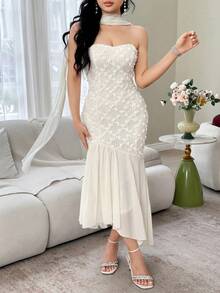 Feyla Women's Fashion Strapless Dress & Scarf - Apricot - View 3