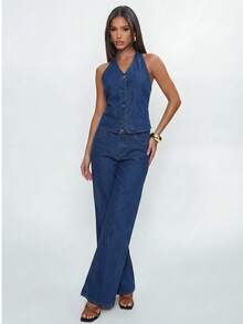 Avantive 女士露背系带吊带上衣和休闲牛仔裤套装，日常穿着 - 中等水洗藍 - 查看 4