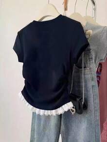 Resyla Atasan Wanita Model Baru Lengan Pendek dengan Hiasan Renda dan Potongan Pas di Pinggang, Atasan Kasual - Navy Blue - View 2