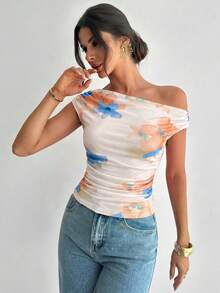 女士不对称肩部扎染印花褶皱不对称领口T恤上衣，印花上衣，不对称肩部上衣，春夏服装，沙滩装，通勤装，优雅，性感，度假装，海滩装，波西米亚风，夏威夷风情，音乐节装，浪漫装，约会装 - 杏色 - 查看 5