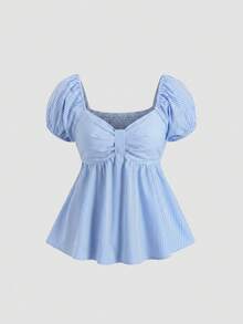 Sweetra Áo sơ mi nữ tay ngắn kẻ sọc xanh dương kiểu xoắn, thoải mái, đa năng, thích hợp cho mùa xuân/hè. - Màu xanh lam - Xem 1