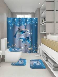 1 pieza/ 4 piezas Juego de cortina de baño de lujo con delfín y diamantes Conjunto premium de poliéster impermeable y resistente al moho, extra ancho, decoración de baño con estampado de animales marinos, estilo moderno azul y plateado, regalos de - Multicolor - Ver 4