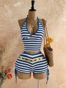 Soleia 女士春夏度假两件套：红白条纹撞色针织不对称露肩短款上衣和超低腰紧身短裤，适合派对、约会、海滩、邮轮、嘉年华、复活节等场合。 - 藍白色 - 查看 7