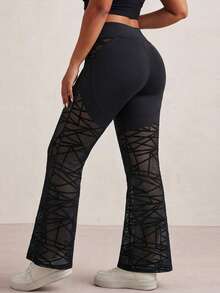 SHEIN Rhythm Era Plus-Size Women's High-Waisted Geometric Mesh Flared Sweatpants - Black - View 2