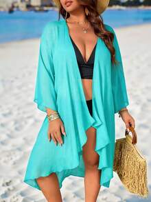 Swim Lushoire Plus Size Women's Solid Black Kimono Style Lightweight Loose Beach Cover Up, Mature & Minimalist Design - Teal Blue - View 1