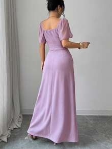 SHEIN Elenzya Square Neck Waist Cinched Elegant Romantic Refined Women's Dress, Short Sleeve - Mauve Purple - View 2