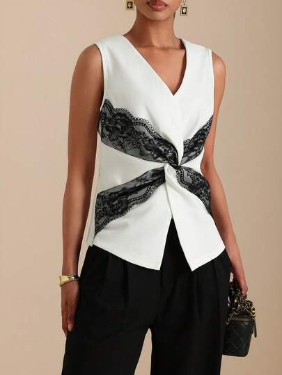 Vesra Women's Elegant V-Neck Contrast Lace Twist Sleeveless Casual Top, Suitable For Summer Holiday