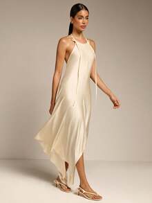 Women's Elegant Draped Neck Sleeveless Asymmetrical Hem Dress, Versatile For Dating, Beach, Vacation, Spring/Summer - Apricot - View 6