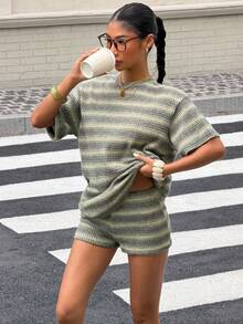 SHEIN Muchic Striped Knit Casual Women Short Sleeve T-Shirt And Shorts Set - Multicolor - View 4