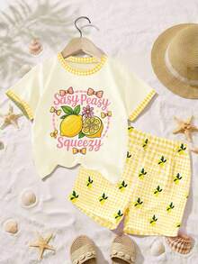 Bộ áo thun và quần legging in hình chanh mới năm 2026, thời trang mùa hè cho bé gái, dễ thương, thoải mái, phong cách Hàn Quốc cho dã ngoại, kỳ nghỉ, chụp ảnh. - Nhiều màu - Xem 3