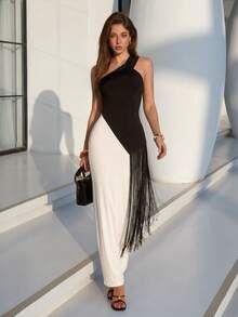 Firerie 女士优雅浪漫精致简约端庄舞会派对婚礼宾客约会度假黑白撞色流苏修身连衣裙，春夏款 - 黑與白 - 查看 3