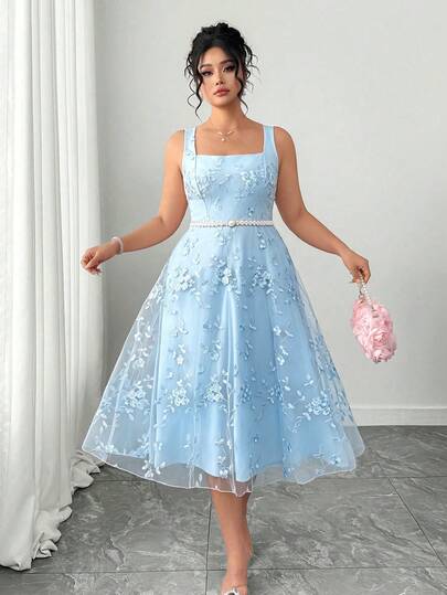 Elenzga Women's Romantic Elegant Sleeveless Square Neck Floral Embroidered Dress