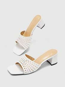 CUCCOO BIZCHIC Ladies Burgundy Hollow Upper High Heel Sandals, Square Toe Comfort High Heel Sandals Commuter Style Sandals Summer Shoes - White - View 6