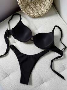 Bonvoyette Summer Vacation Beach Rigid Cup Ruched Bikini Set - Black - View 4