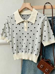 SHEIN EZwear 女款針織波點 Polo 領短袖上衣，優雅通勤百搭，夏季款 - 彩色 - 查看 2