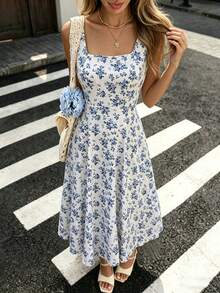 SHEIN Raffinéa Women's Fashionable Elegant Printed Waist Dress - Blue - View 3