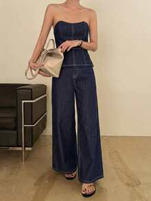 -Less Conjunto de top bandeau y pantalones vaqueros casuales para mujer, de verano - Azul - Ver 5