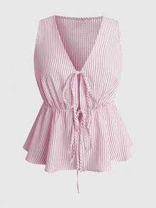 Sweetra Bộ 2 món áo không tay cổ bẻ in họa tiết kẻ sọc thêu và quần short cạp chun dáng casual dành cho nữ, thích hợp cho mùa xuân/hè. - Màu Hồng baby - Xem 3