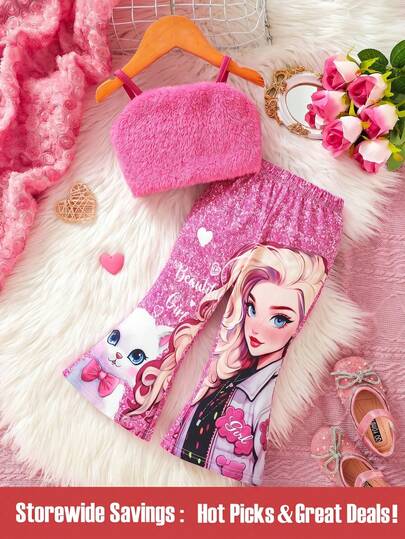 SHEIN 女婴 2 件套休闲街头风格毛绒吊带背心搭配有趣人物图案印花喇叭裤，非常适合春夏外出