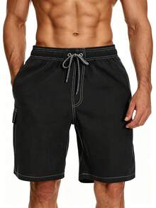 Manfinity KASUA Plus Size Men's Drawstring Waist Casual Versatile Beach Shorts, Holiday - Black - View 1