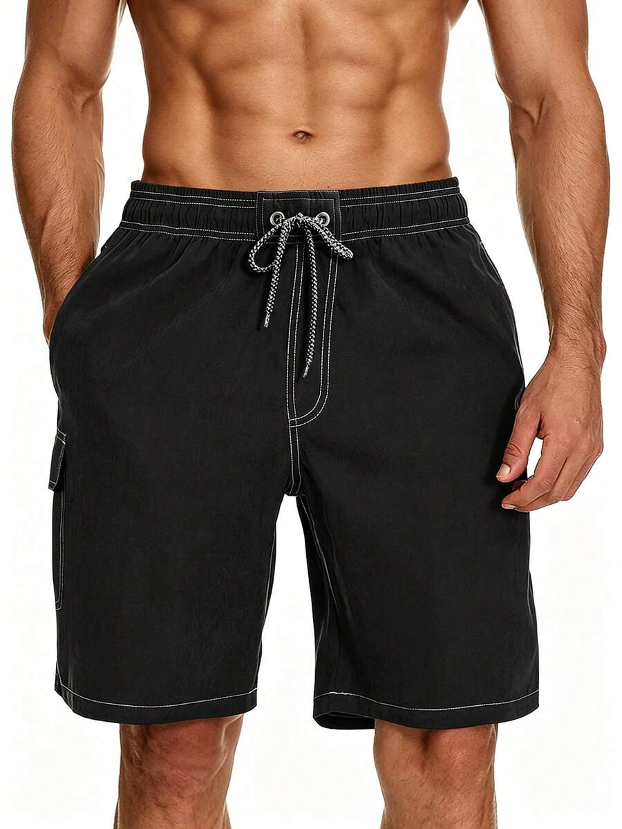 Manfinity KASUA Plus Size Men's Drawstring Waist Casual Versatile Beach Shorts, Holiday - Black - View 1