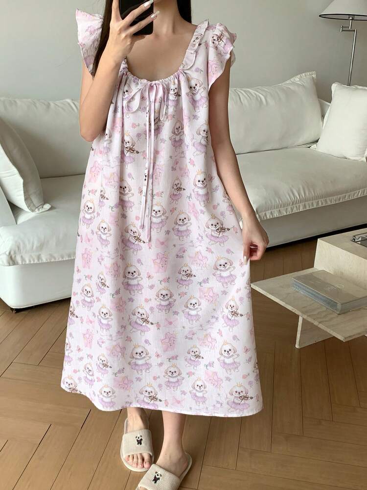 Summer Sweet Cartoon Puppy Print Ruffle Trim Tie Neck Loose Women Nightgown