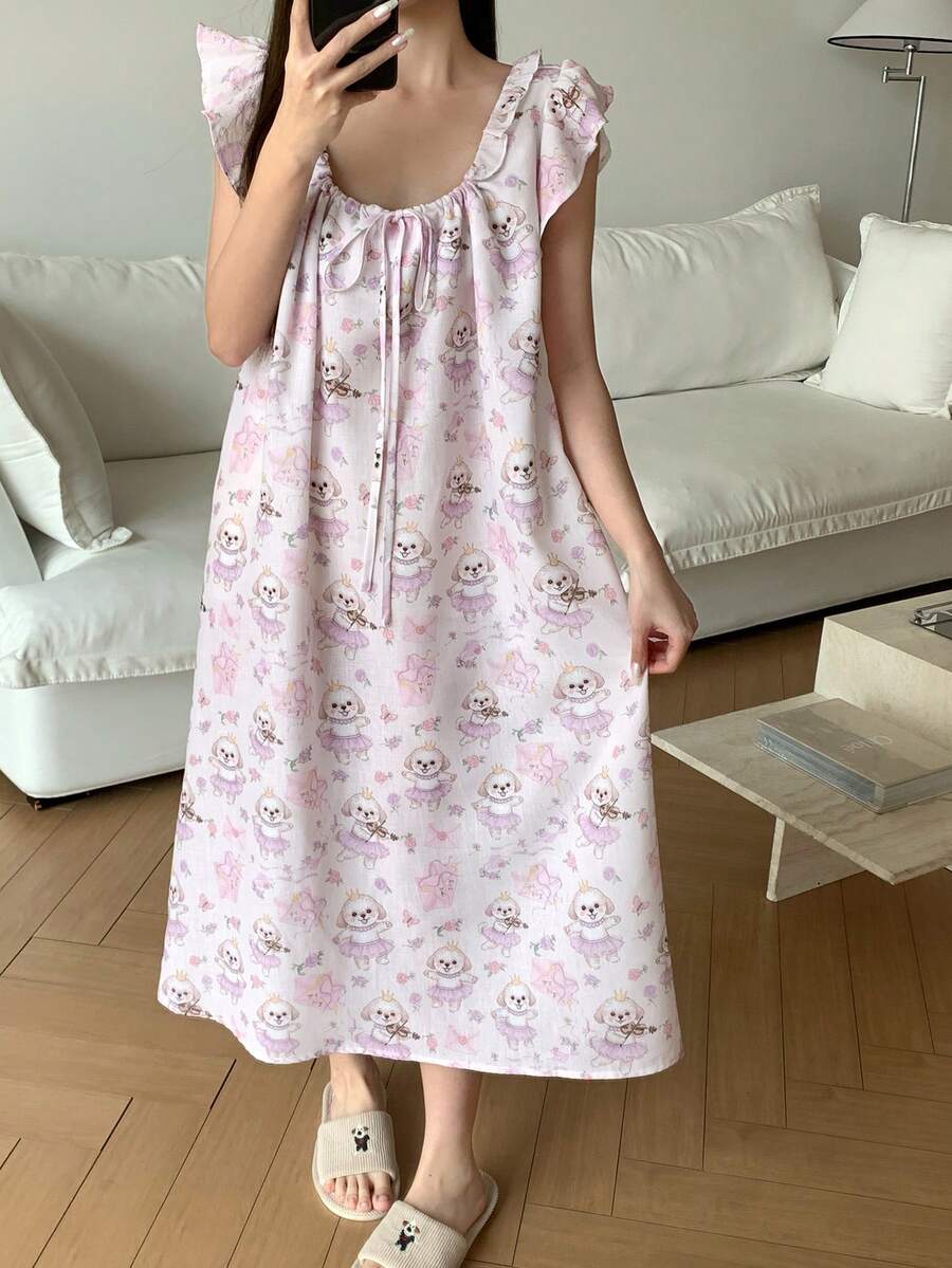 DAZY 夏季甜美卡通小狗印花荷叶边系领宽松女士睡裙 - 白色 - 查看 1