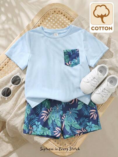 Cozy Pixies Young Boy Floral Print Knit Soft Round Neck Short Sleeve Top And Elastic Waist Shorts 2-Piece Set