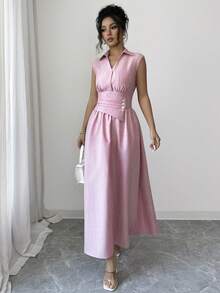 Selianne Vestido largo sin mangas de estilo francés elegante para mujer, diseño sofisticado, sensación de gracia de alta calidad, adecuado para el trabajo, los viajes, las vacaciones, el estilo callejero, un elemento esencial de la moda de verano, diseño de nicho, vestido largo versátil - Rosa - Ver 5