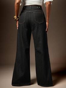 Vixey Jeans de pierna ancha de uso diario versátil y casual con bolsillos y botones para mujer - Azul lavado oscuro - Ver 4