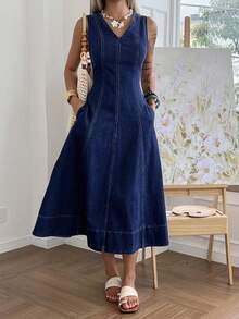 DAZY Đầm denim dài cổ chữ V dáng ôm dành cho nữ, thích hợp cho mùa xuân và mùa hè. - Màu xanh lam - Xem 4
