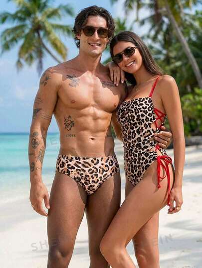 Manfinity Swimmode Celana Renang Segitiga Motif Leopard Pria, Warna Cokelat Muda, Pakaian Renang Kasual Musim Panas untuk Liburan Pantai, Motif Cheetah, Ukuran Besar