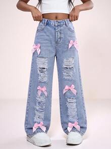 Tween Girls Summer New Light Blue Washed Heavy Ripped Bow Decorated Denim Long Pants Loose Straight Leg Sweet Cool Style Versatile Chic Summer Thin Bow Ripped Denim Pants Pink Dimensional Bowknot - Light Wash - View 5