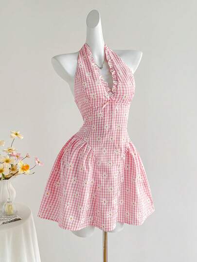 Elamini Pink Plaid Daisy Print Delicate Sweet Halter Backless Ruffle Hem Sexy Minimalist Summer Mini Dress For Women