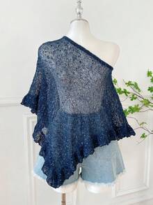 SHEIN EZwear 大码女式不对称下摆休闲套头毛衣，日常百搭 - 藏蓝色 - 查看 2