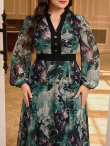 Modelyn 大码女式碎花V领灯笼袖优雅连衣裙 - 彩色 - 查看 3