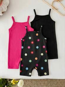 SHEIN 3pcs/Set Fuchsia, Black & Floral Print Romper Jumpsuit, Infant/Toddler Girls - Multicolor - View 2