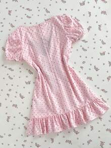 女士甜美时尚波点印花系带蕾丝拼接连衣裙 - 粉色 - 查看 2