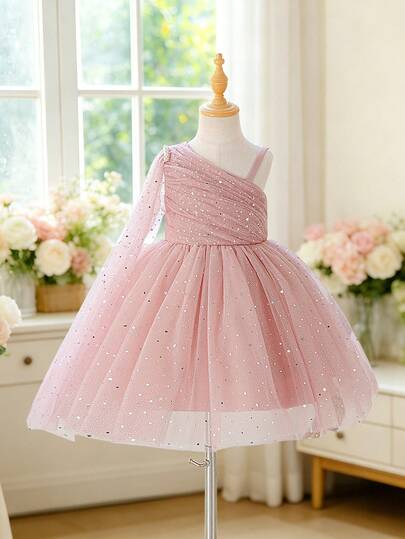 Glamorique Kids Vestido elegante de princesa formal para cumpleaños, boda y fiesta, con capa de un solo hombro de color rosa pálido con estrellas, luna y malla con lentejuelas redondas, perlas falsas y tul abullonado para niña joven