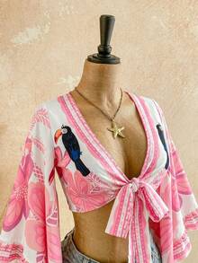 Camisa casual de vacaciones con frente abierto, lazo, mangas acampanadas, puños con volantes y estampado de leopardo - Rosa - Ver 4