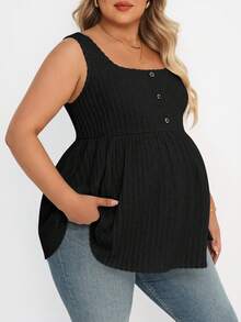 SHEIN Blusa casual de talla grande para maternidad con diseño de botones de unicolor - Negro - Ver 4