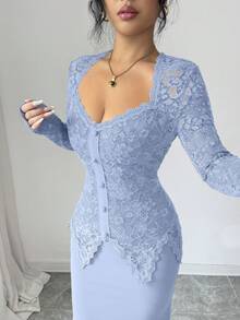 Modelyn Lace Patchwork Collared Button Waist Fitted Midi Dress For Women - Blue - View 3