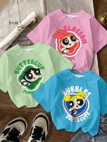 THE POWERPUFF GIRLS X SHEIN 女童休闲可爱字母卡通人物印花短袖T恤，夏季 - 彩色 - 查看 1