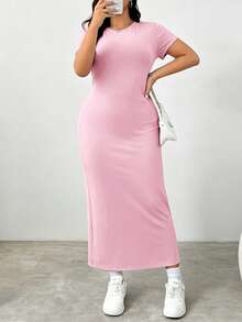SHEIN EZwear 加大码纯色圆领修身夏季短袖连衣裙，粉色 - 粉色 - 查看 5