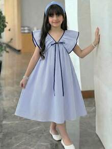 SHEIN Tween Girl Summer 100 Cotton Blue And White Stripe V-Neck Contrast Trim Cute Elegant Short Babydoll Dress For Tween Girl Tea Party Vacation Mommy Me Dress - Blue - View 1